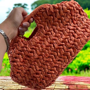 Handmade Woven Raffia Beach Bag – Terracotta Summer Tote, Boho Vacation Purse, Eco Friendly Straw Bag