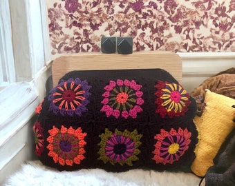 Black flower Crochet Purse Clasp Clutch , lined with adjustable strap gift for mum special day  present handmade crochet vintage colourful