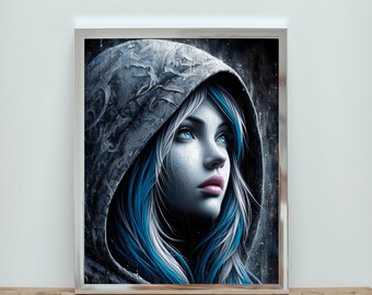 Enchantingly Dark: Unveiling the Allure of a Gothic Girl Hoodie with Blue Highlights on a Black Canvas - Digital Download