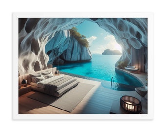 Modern Cave Bedroom Ocean View with Mountains Clear Blue Water Art Framed poster