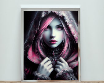 Unveiling a Gothic Girl's Pink Highlights on a Dark Canvas - Digital Download