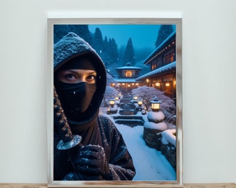 Japanese Ninja with Sword Black Robe Japanese Onsen Snowy Winter - Digital Download