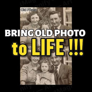 以下が含まれることがあります： 家族の白黒写真で、黄色と白で「BRING OLD PHOTO to LIFE !!!」と書かれています。この画像は、家族の歴史と写真修復をノスタルジックに表現しています。