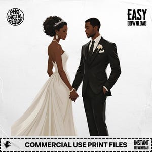 Elegant African American Wedding Couple Clipart PNG: Printable Design (Digital Download