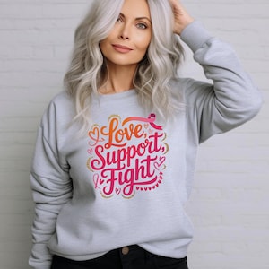 Moletom de conscientização sobre o câncer de mama: Love Support Fight Pink Ribbon Crewneck