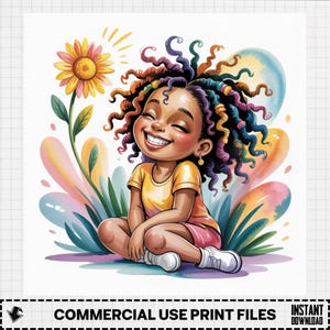 African Girl Clipart, Sunflower Art, Colorful Hair PNG, Sublimation Design, Digital Download, Girl Illustration