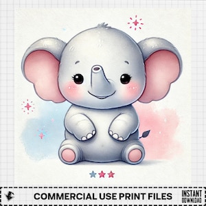 Cute Elephant Clipart, Baby Elephant PNG, Nursery Art, Baby Shower Clipart, Elephant Sublimation, Whimsical Animal Digital Download