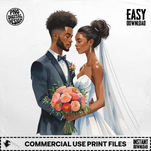Pareja negra en una boda (imagen PNG): Amor afroamericano (descarga digital)