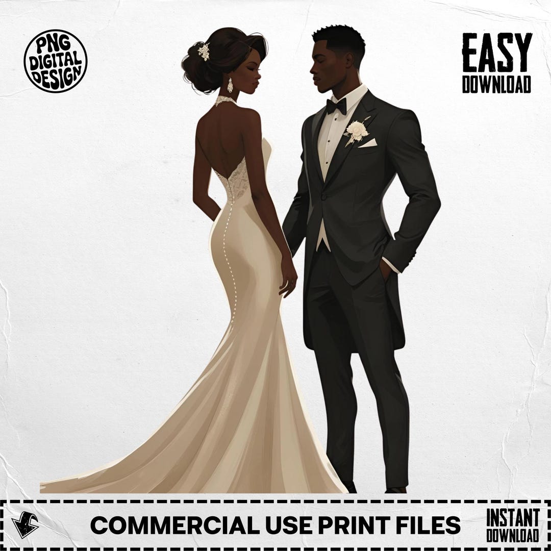 Black Couple Wedding Clipart PNG: African American Bride and Groom ...