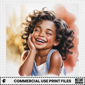 Smiling Girl Clipart, Happy Kid Art, Curly Hair PNG, Sublimation Design, Digital Download, Girls Room Decor