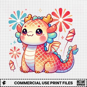 Puede incluir: Ilustración de un lindo dragón de dibujos animados con una combinación de colores rojo, naranja y amarillo. El dragón tiene ojos grandes y está rodeado de fuegos artificiales y cohetes. La imagen incluye el texto "COMMERCIAL USE PRINT FILES".
