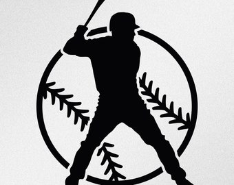 May include: Black silhouette of a baseball player swinging a bat, inside a circle with a baseball graphic.
