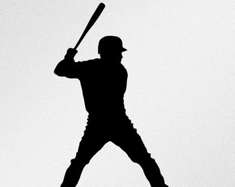 May include: Silhouette of a baseball player in a batting stance, holding a bat with their left hand and wearing a cap.