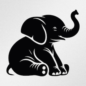May include: A black and white illustration of a baby elephant in a seated position. The elephant features large ears and a curled trunk. The image is a simple graphic design, suitable for various applications.