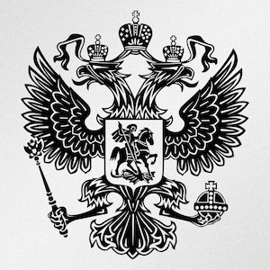 Puede incluir: Ilustración en blanco y negro de un águila bicéfala con un escudo que presenta un caballero a caballo. El águila está coronada con tres coronas y sostiene un cetro y un orbe.