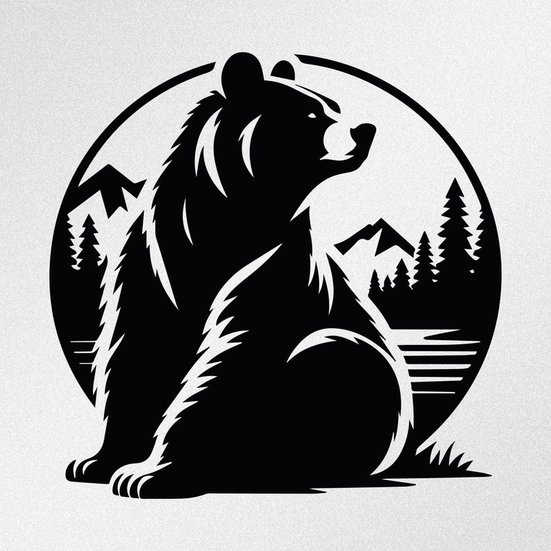 May include: Black and white illustration of a bear in a circular frame. The bear is seated, facing right, with a mountain and forest scene in the background. The design is suitable for outdoor and nature-themed products.