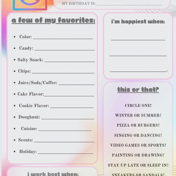 All About Me - Digital Sheet (Perfect for Middle School/High School, Printable Survey)