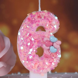 Pink Birthday Candle: Sparkly Heart Balloons Princess Cake Topper