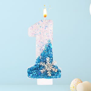 Birthday Cake Snowflake Candle Winter Theme Candle Cake Topper, Blue Birthday Cake Candle for Girls Boys Birthday Party Glitter Cake Topper