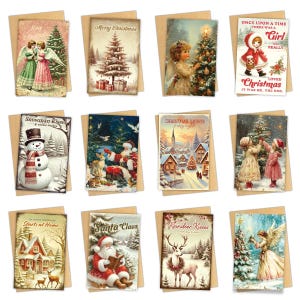 May include: A collection of vintage Christmas greeting cards. The cards feature illustrations of angels, Christmas trees, snowmen, Santa Claus, and winter scenes. Text includes "Merry Christmas", "Snowman Kisses", and "Once Upon a Time".