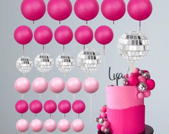 Adornos para tartas con forma de bola de discoteca rosa fucsia: 30 piezas de decoración para fiestas