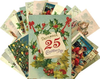 May include: A collection of vintage Christmas cards fanned out, featuring illustrations of Santa Claus, Christmas trees, and festive scenes. The central card displays "December 25 Christmas Day" with holly and red ribbon accents. The cards have a nostalgic, antique aesthetic.