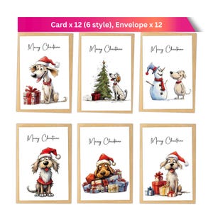 May include: A pack of 12 Christmas cards, each with a different design featuring cartoon dogs in festive scenes. The cards display the text "Merry Christmas". The designs include dogs with gifts, a Christmas tree, and a snowman.