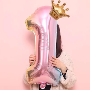 Number One Rainbow Pink 1st Birthday Large Balloon Decoration, Birthday Party Balloon 1st Birthday Pink Number 1 with Crown