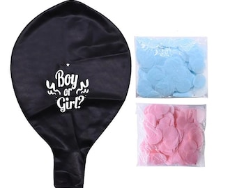 May include: A large black balloon with the text "Boy or Girl?" in white. Two small plastic bags contain blue and pink confetti. This balloon is designed for a gender reveal party.