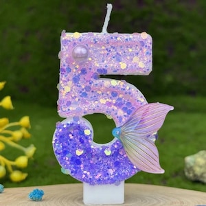 Purple Mermaid Tail Cake Topper Candle: Glitter Beach Theme