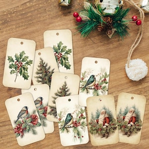Könnte beinhalten: Eine Sammlung von Weihnachtsgeschenkanhängern im Vintage-Stil. Die Anhänger zeigen Illustrationen von Vögeln, Stechpalmen, Weihnachtsbäumen und dem Weihnachtsmann. Die Anhänger sind rechteckig mit abgerundeten Ecken und einem Loch oben.