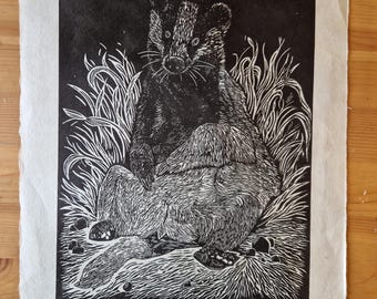 Bruce - Badger Lino Print