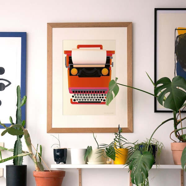 Illustration de la machine à écrire Valentine de la marque Olivetti par le designer Ettore Sottsass, affiche design vintage, art mural