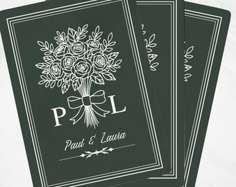 Spersonalizowane karty do gry w pokera z bukietem kwiatów | Ślub | Pary | Niestandardowa talia monogramów