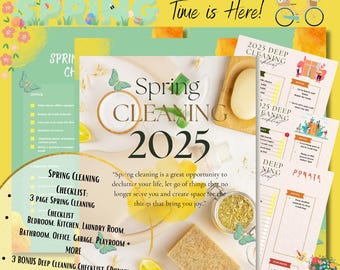 May include: A printable spring cleaning checklist with a green and yellow colour scheme. The checklist includes a quote about spring cleaning and a list of rooms to clean. The checklist also includes a bonus deep cleaning checklist.