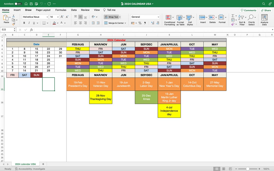 Fully Editable Onepager 2024 Calendar With US Federal Etsy