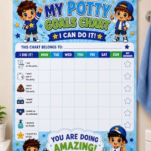May include: A blue and white potty training chart with cartoon illustrations and the text "MY POTTY GOALS CHART". The chart includes sections for tracking progress and a reward section. The text "YOU ARE DOING AMAZING!" is also included.