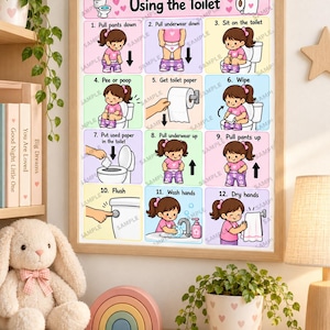 May include: A framed instructional poster titled Using the Toilet, featuring twelve numbered illustrations of a child demonstrating bathroom steps from pulling down pants to washing hands, with colourful borders and clear text for each action.