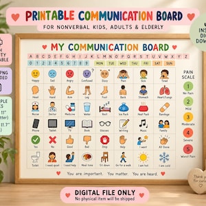 Puede incluir: Un tablero de comunicación imprimible con una cuadrícula de iconos coloridos que representan emociones, partes del cuerpo, actividades diarias y una escala de dolor numerada del 1 al 5, incluyendo alfabeto y días de la semana.