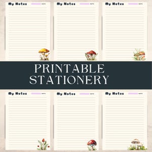 Puede incluir: Papelería imprimible con páginas rayadas, con ilustraciones de setas en acuarela. Cada página tiene el texto "My Notes" y una sección de fecha. El texto central dice "PRINTABLE STATIONERY". Las páginas son de color crema.