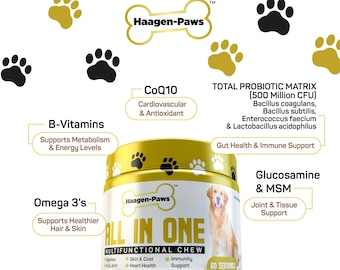 Multi vitamin dog chews to promote healthy digestion, hip and joint mobility & comfort, health and stronger immunity support.