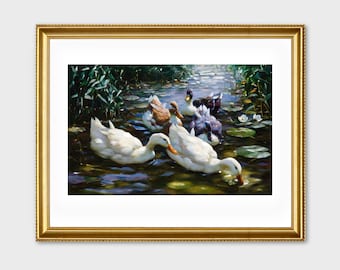 Vintage Duck Pond Oil Painting: Sunny Country Decor (Digital Printable)