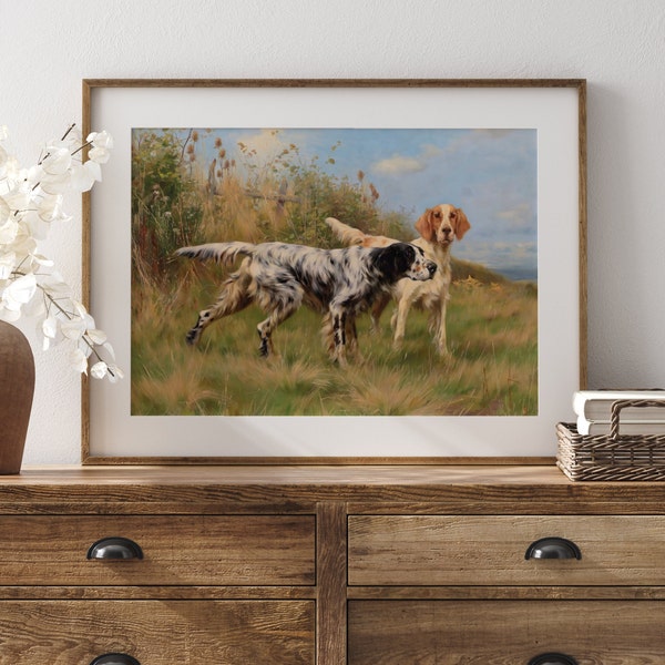 Vintage painting of English setter dogs, English setter, Antique hunting dog print, Dog lover gift, Cabin wall art.