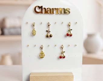 Personalized Charm Display Stand – White Acrylic & Oak Jewelry Organizer