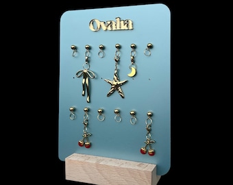 Blue Acrylic Charm Display Stand – Gold Accents, Oak Base
