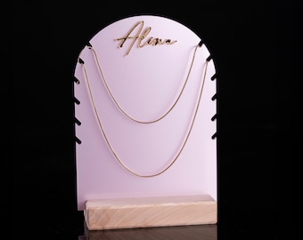 Support de collier personnalisé en acrylique rose, présentoir à bijoux avec base en bois