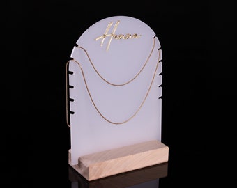 Porte-collier en acrylique dépoli, Organiseur de bijoux en bois, Présentoir personnalisé