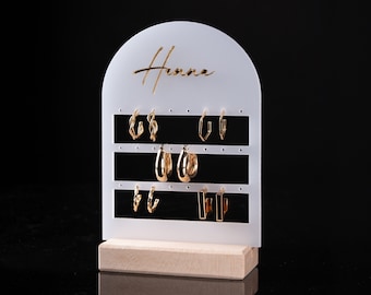 Personalized Acrylic Earring Holder, Oak Wood Base, Jewelry Organizer
