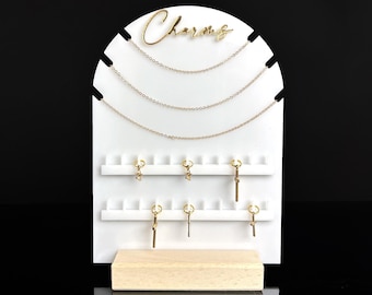 White Acrylic Charm and Chain Display, Gold Personalization, Wood Base