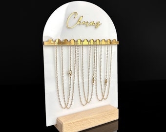 Support de collier personnalisé en acrylique, texte doré, base en bois de chêne
